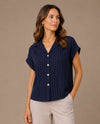 PURE ESSENCE 656-8030 SHORT SLEEVE PINSTRIPE TOP NAVY