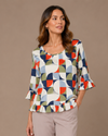 PURE ESSENCE 660-8051 3/4 SLEEVE PRINTED RUFFLE TOP WHITE