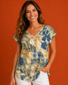 PURE ESSENCE 665-4948 SHORT SLEEVE PRINT V-NECK olive