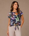 PURE ESSENCE 668-4955 SHORT SLEEVE BLACK FLORAL TIE TOP BLACK