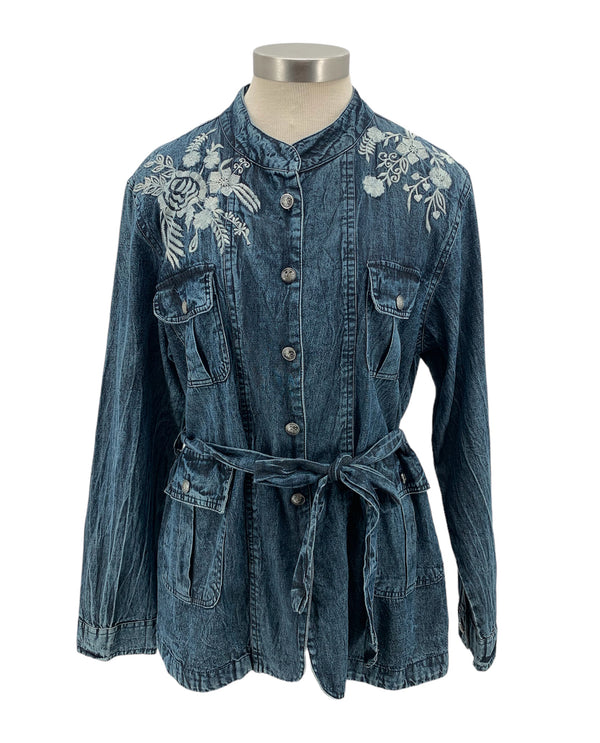 LOLA P E2G68-ASIS EMBROIDERED BUTTON DOWN JACKET DENIM