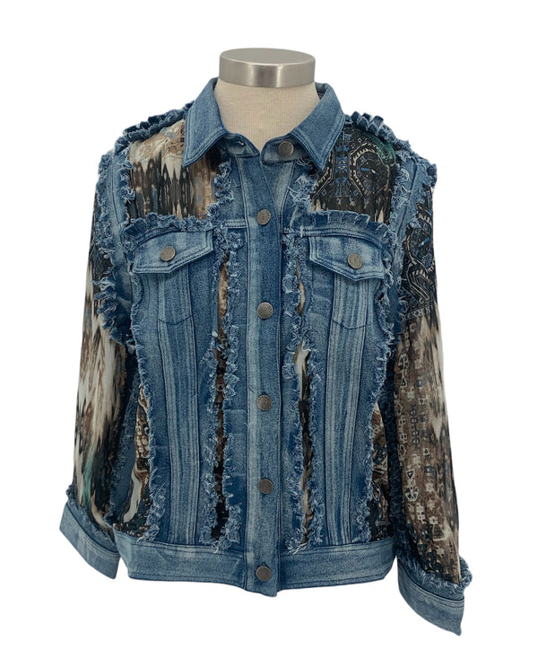 AZI Z12645 PRINT GEORGETTE & DENIM JACKET