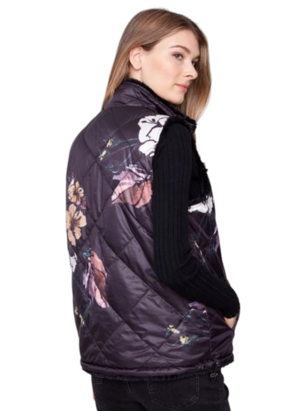 CHARLIE B C6374 REVERSIBLE FAUX FUR VEST FLORAL BACK SIDE