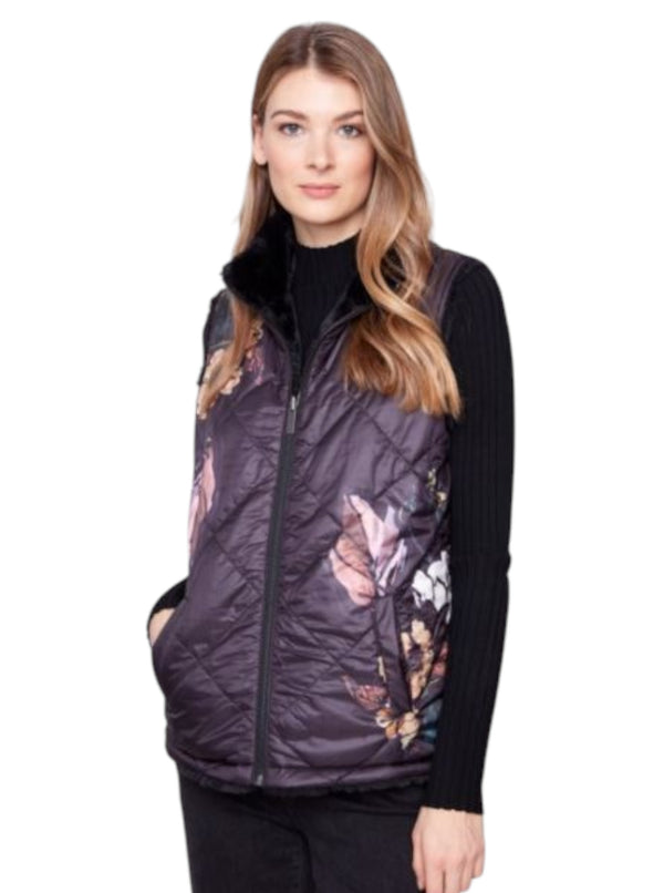 CHARLIE B C6374 REVERSIBLE FAUX FUR VEST FLORAL FRONT SIDE
