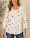 RUBY RD 51941 PETITES EMBROIDERED DOBBY STRIPE TOP cream