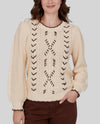 RUBY RD 51961 PETITES LEATHER RE-EMBROIDERED CABLE SWEATER ivory cream