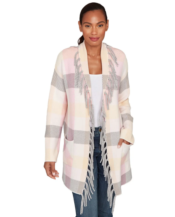 RUBY ROAD PLAID FRINGED SWEATER CARDIGAN