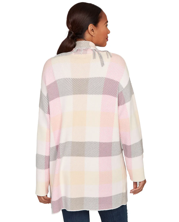 RUBY ROAD PLAID FRINGED SWEATER CARDIGAN