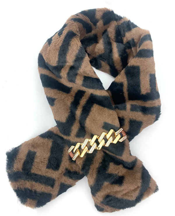S5062 BROWN/BLACK FAUX FUR SCARF WITH CHAIN