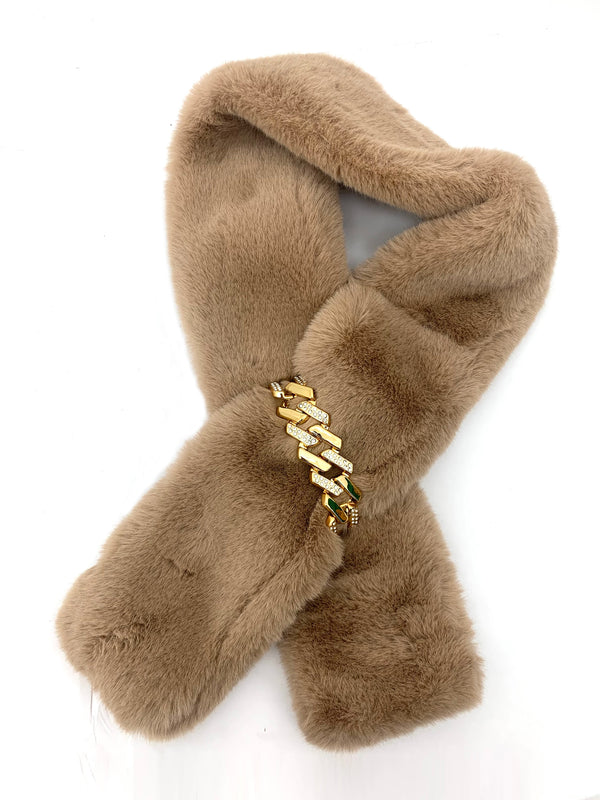 S5064 FAUX FUR SCARF WITH CHAIN TAN