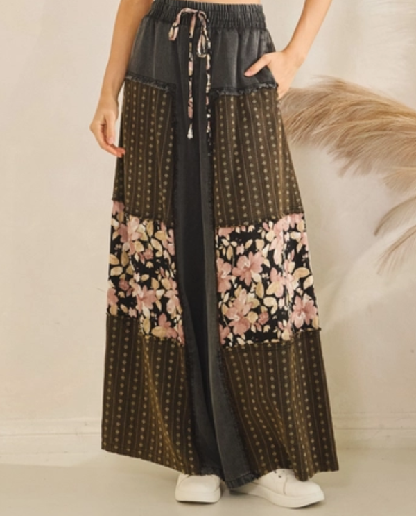 SAGE & FIG SP8076 MIDNIGHT BLOOM PATCHWORK PANTS ASH