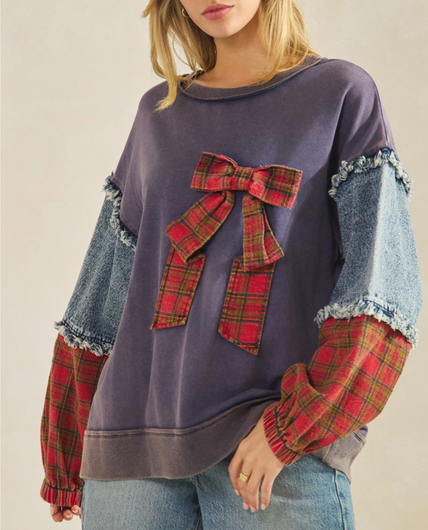 SAGE & FIG ST8117 PLAID BOW DENIM PULLOVER NAVY