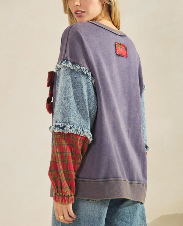 SAGE & FIG ST8117 PLAID BOW DENIM PULLOVER BACK