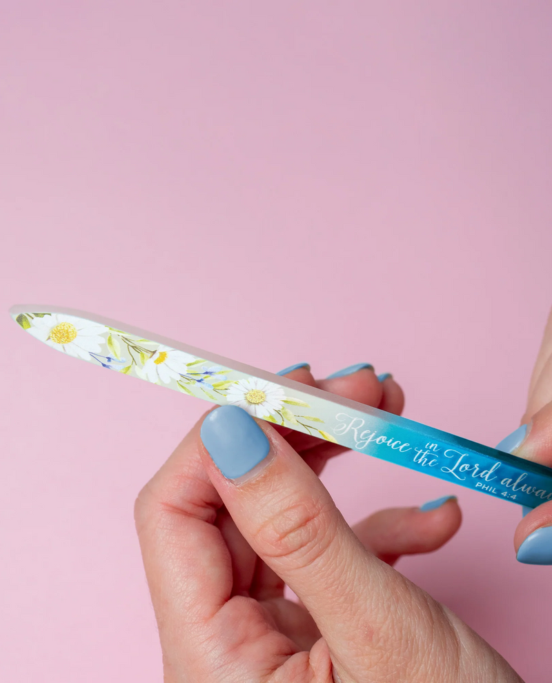 SCRIPTURE GLASS NAIL FILE TEAL - REJOICE
