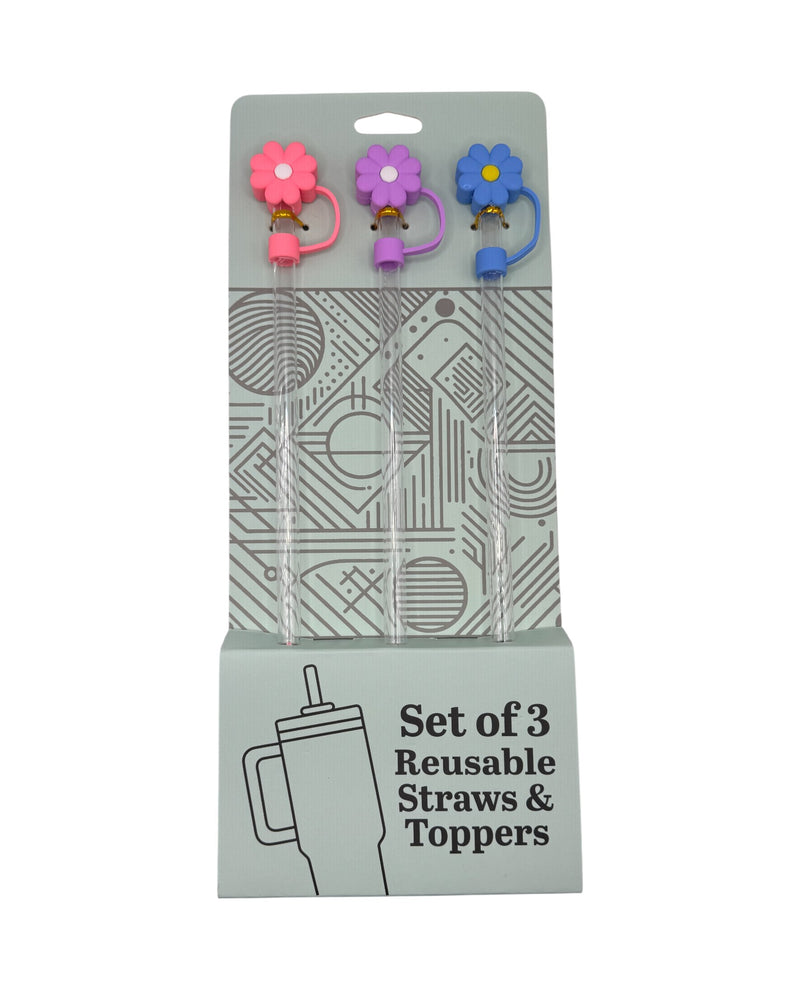 SET OF 3 RESUABLE STRAWS & TOPPERS FLOWER