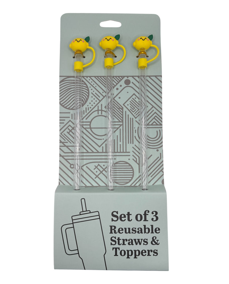 SET OF 3 RESUABLE STRAWS & TOPPERS LEMON