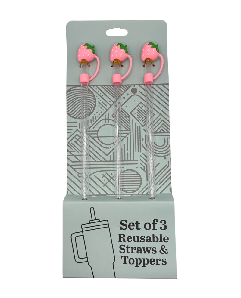 SET OF 3 RESUABLE STRAWS & TOPPERS STRAWBERRY 