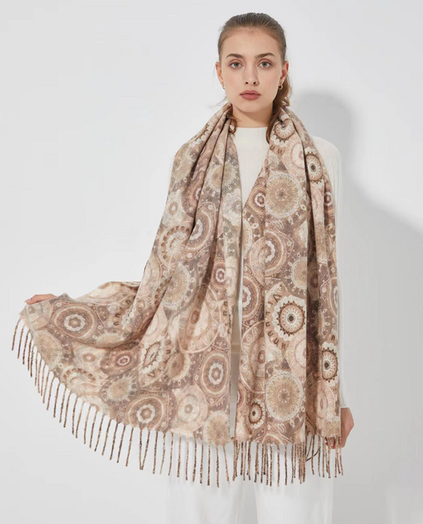 SF24120 CASHMERE FEEL CIRCLE PATTERN SHAWL BEIGE