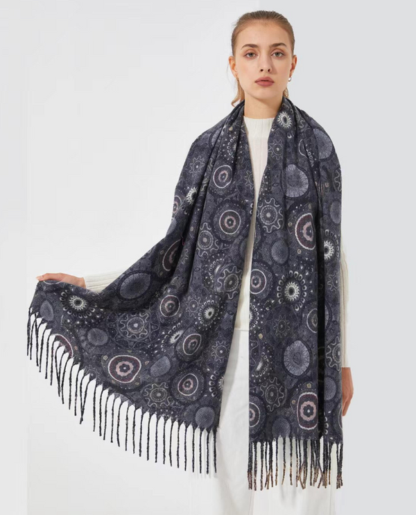 SF24120 CASHMERE FEEL CIRCLE PATTERN SHAWL GREY