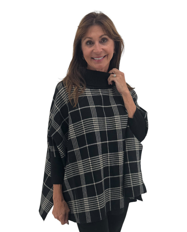 SHW2208 PLAID TURTLENECK PONCHO BLACK/OFF WHITE