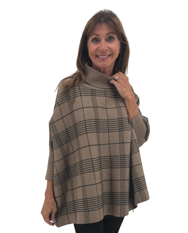SHW2208 PLAID TURTLENECK PONCHO BROWN/BLACK
