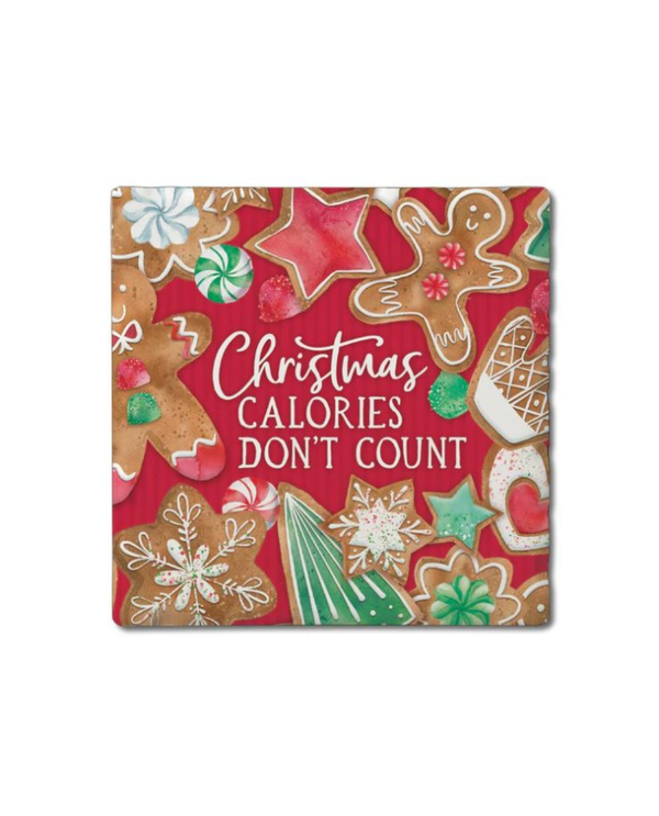 THIRSTY SEASONAL STONE ABSORBENT STONEWARE COASTERS CALORIES DONT COUNT