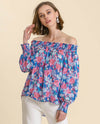 UMGEE A6980 OFF SHOULDER HI-LO FLORAL TOP sapphire mix