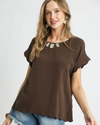 UMGEE C5103 SCALLOPED ROUND NECK TOP ESPRESSO