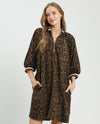UMGEE C6556 COURDUROY ANIMAL PRINT BAND PUFF SLEEVE HALF ZIP DRESS