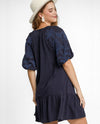 UMGEE K9166 LINEN BLEND EMBROIDERED MINI DRESS MIDNIGHT BACK