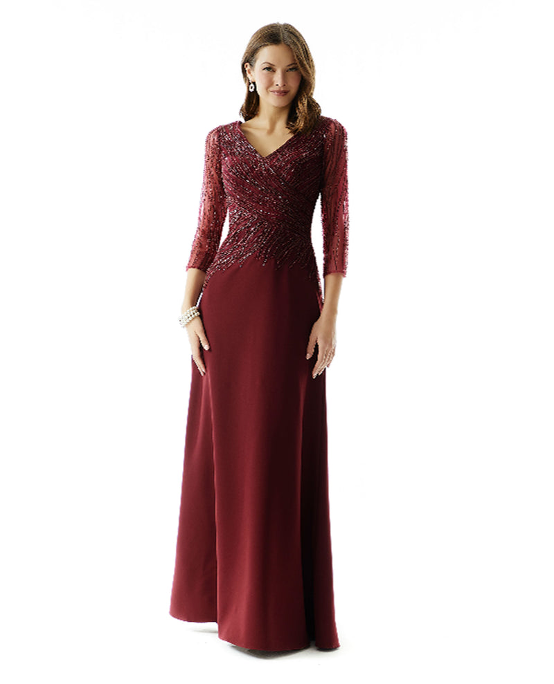 MGNY 72916 CREPE EVENING GOWN WITH CRYSTAL BEADING wine