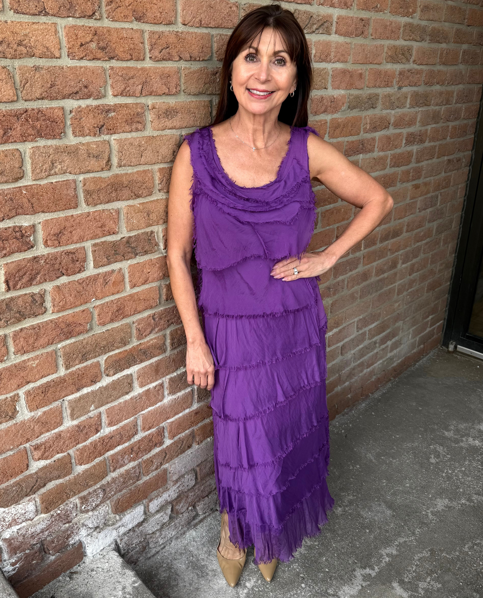 knee length dresses for ladies MADE IN ITALY 2031 LAYERED RUFFLE LONG DRESS