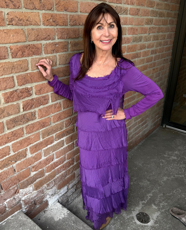 MADE IN ITALY 2078 LONG SLEEVE RUFFLE DRESS PURPLE