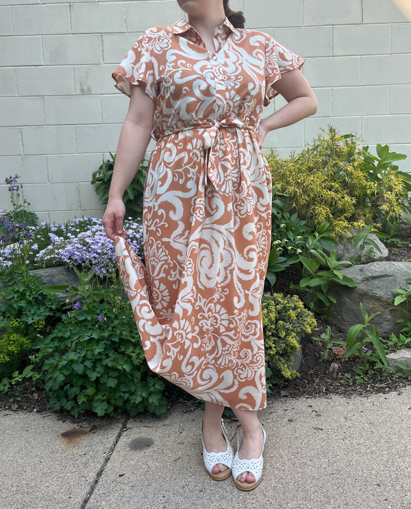 AZZ FY-3530 CAP SLV LONG PRINT DRESS CAMEL