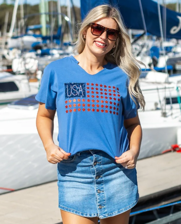 GRACE & EMMA 7967 USA FLAG GLITTER STARS TOP