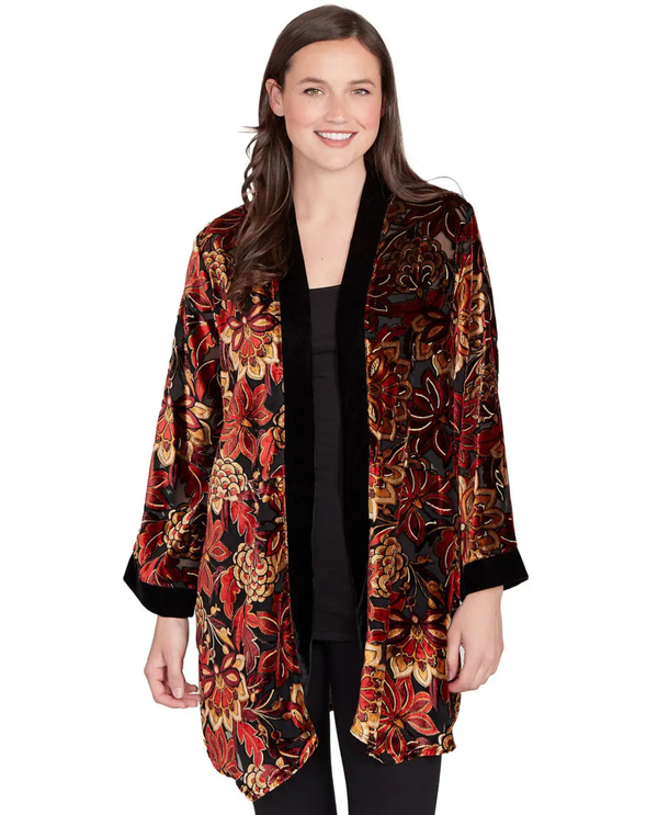 RUBY ROAD 12333 FLORAL VELVET OPEN FRNT CARDIGAN