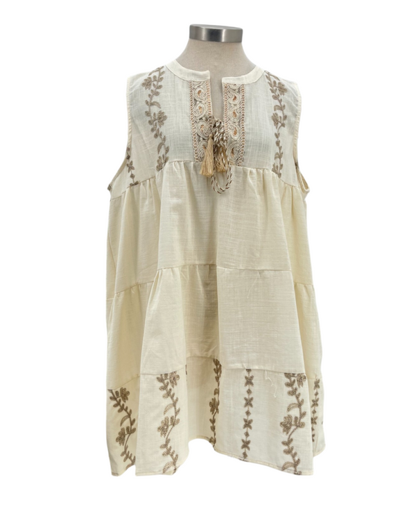 SELENE L SHW2512 SLVLSS BEIGE EMBROIDERED DRESS OS