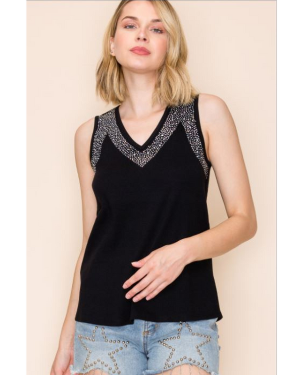 VOCAL 23195T V-NCK TANK W/RHINESTONE DETAIL BLACK