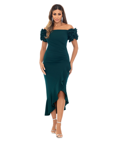XSCAPE 5997XA 3D RUFFLE OFF SHOULDER MIDI DRESS XSCAPE 5997XA 3D RUFFLE OFF SHOULDER MIDI DRESS