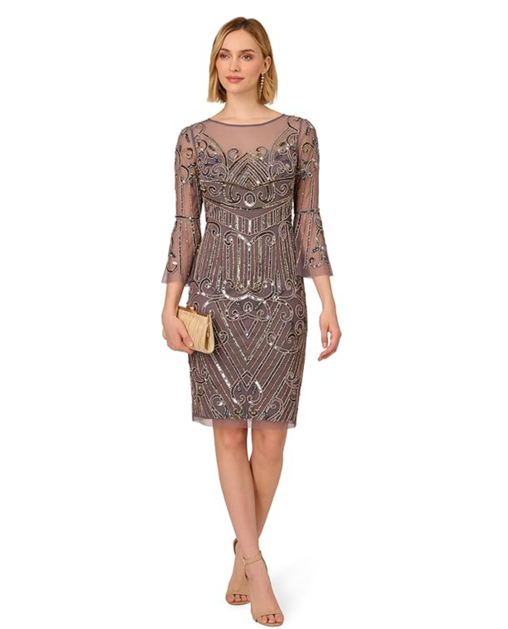 ADRIANNA PAPELL AP1E211434 BEADED BELL SLV DECO DRESS