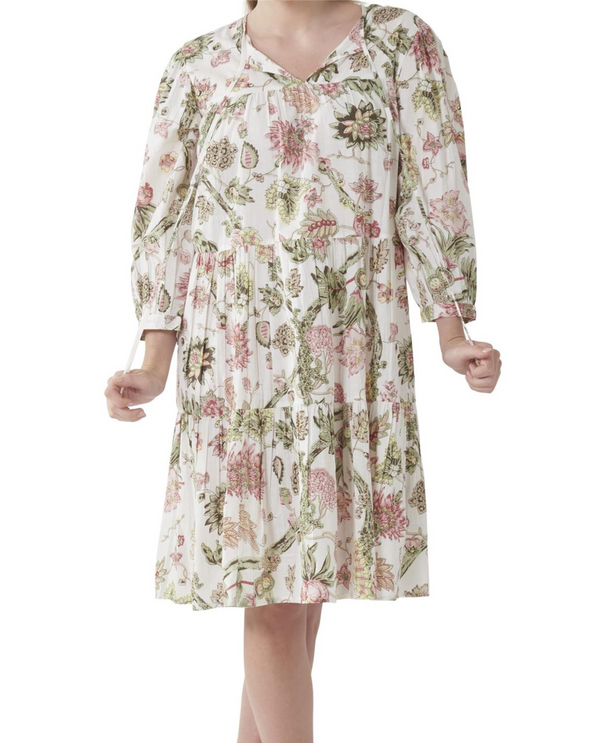 85675A GREEN & CORAL FLORAL TIERED LONG DRESS