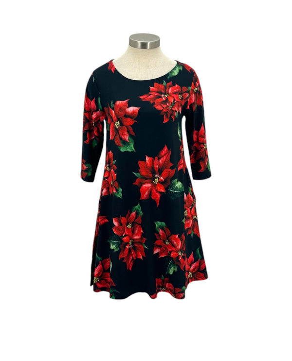 ACCENT DR8968 NOELLE POINSETTIA SWING DRESS, BLACK/RED