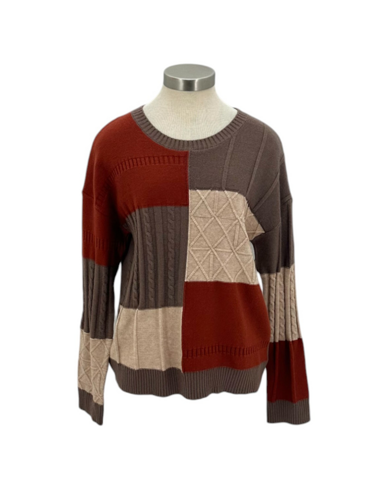 HEM & THREAD 31446F PATCH CREW NECK SWEATER TOP, BRWN/RUST/TPE