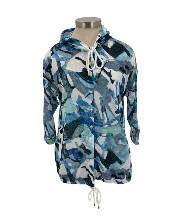 NEW LABEL 88655 BUTTON DOWN PRINT HOODIE BLUE MULTI