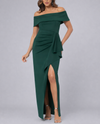 XSCAPE 4665X OFF SHOULDER CREPE DRESS pine