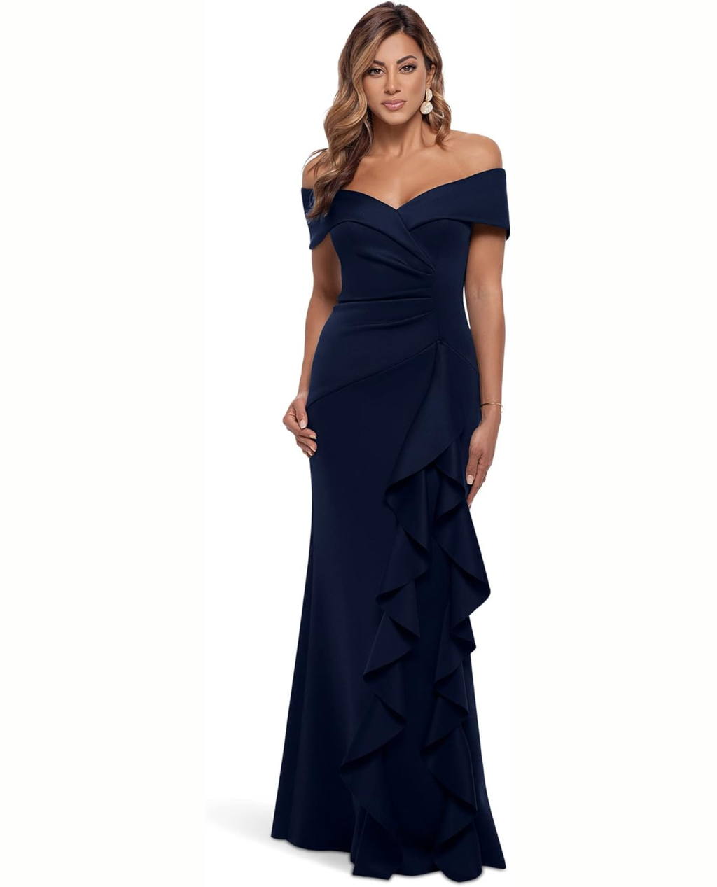 xscape women dresses Demi" Scuba Short Sleeve Side Ruched Gown Gowns Sleek satin hugs the frame before flaring into a mermaid hem Xscape Women's Square Neck Tiered