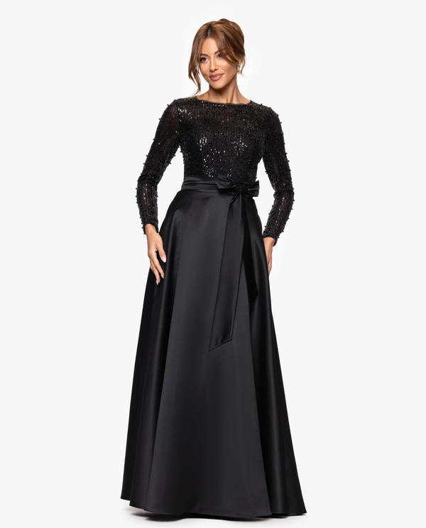 XSCAPE SEQUIN BODICE SATIN SKIRT DRESS | Modest Black Gown W/ Pockets XSCAPE SEQUIN BODICE SATIN SKIRT DRESS | Modest Black Gown W/ Pockets
