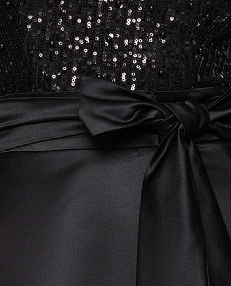 XSCAPE SEQUIN BODICE SATIN SKIRT DRESS | Modest Black Gown W/ Pockets ...
