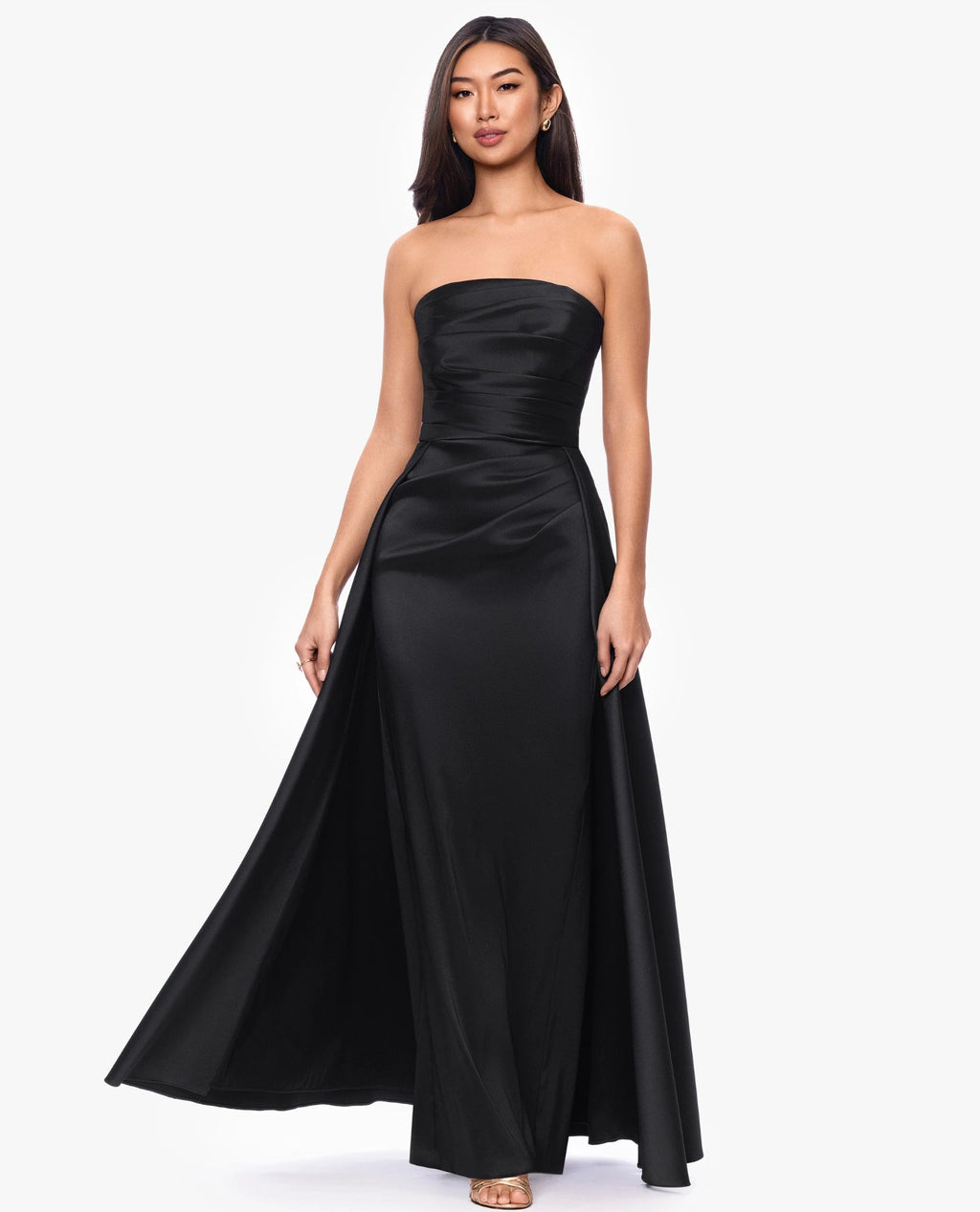XSCAPE STRAPLESS DRESS WITH OVERLAY SKIRT IN BLACK