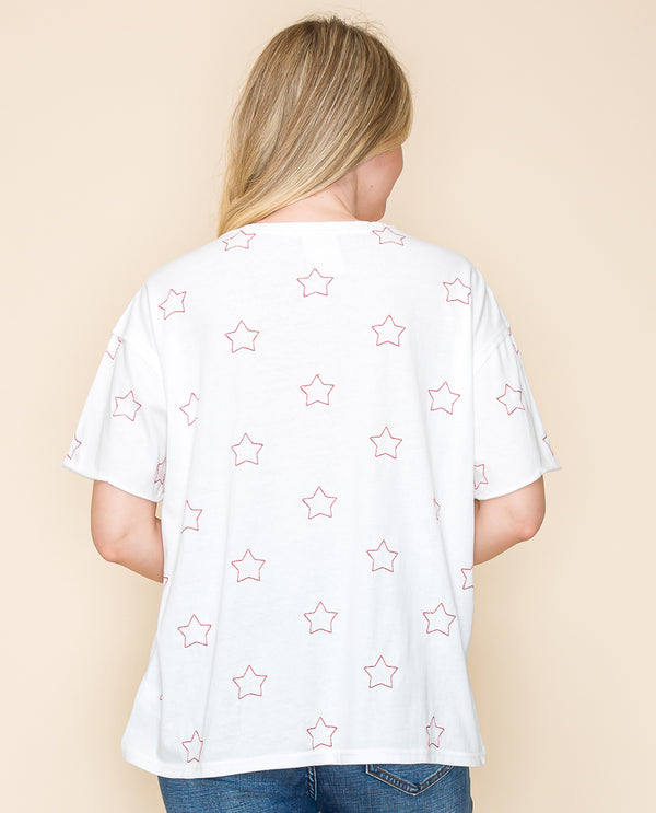 VOCAL Y3525S STAR EMBROIDERY SHORT SLEEVE TOP OFF-WHITE